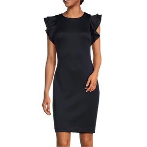 Tommy Hilfiger Scuba Crew Neck Flutter Ruffle Cap Sleeve Sheath Dress
